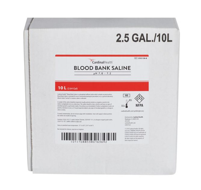 Buffered Blood Bank Saline, 10 L, pH 7.0-7.2