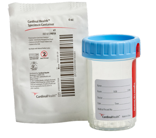 Polypropylene Specimen Container, 4oz, 50mm, Blue Lid, Pneumatic Tube System Safe, OR Peel Pouch, 4 oz, 100/cs
