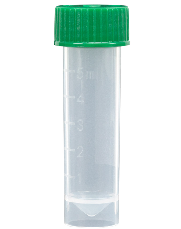 Transport Tube, 5mL, with Separate Green Screw Cap, PP, Conical Bottom, Self-Standing, Molded Graduations, 1000/cs