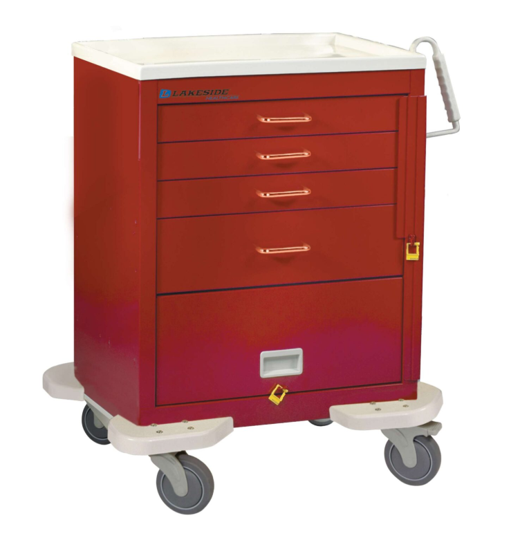 Lakeside C-424-PB-1R Classic Emergency Cart, 4-Drawer w/9″ Panel & Breakaway Lock, Steel, Red