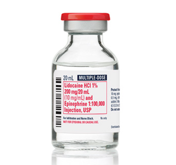 Lidocaine Hydrochloride and Epinephrine Injection, 1% USP, 1:100,000, 20 ml Vial, Multiple Dose, Glass Fliptop Vial, 10/bx