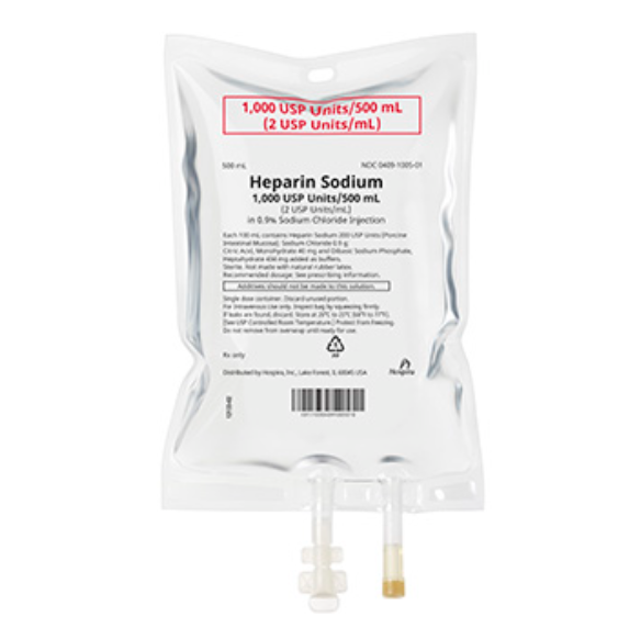 Heparin Sodium in 0.9% Sodium Chloride Injection, 2 units/ml, 500 ml Flexible Container, 2 Port, 20/cs