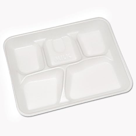 School Lunch Tray, Foam, 10X8, White, 5-Compartment, 500/cs