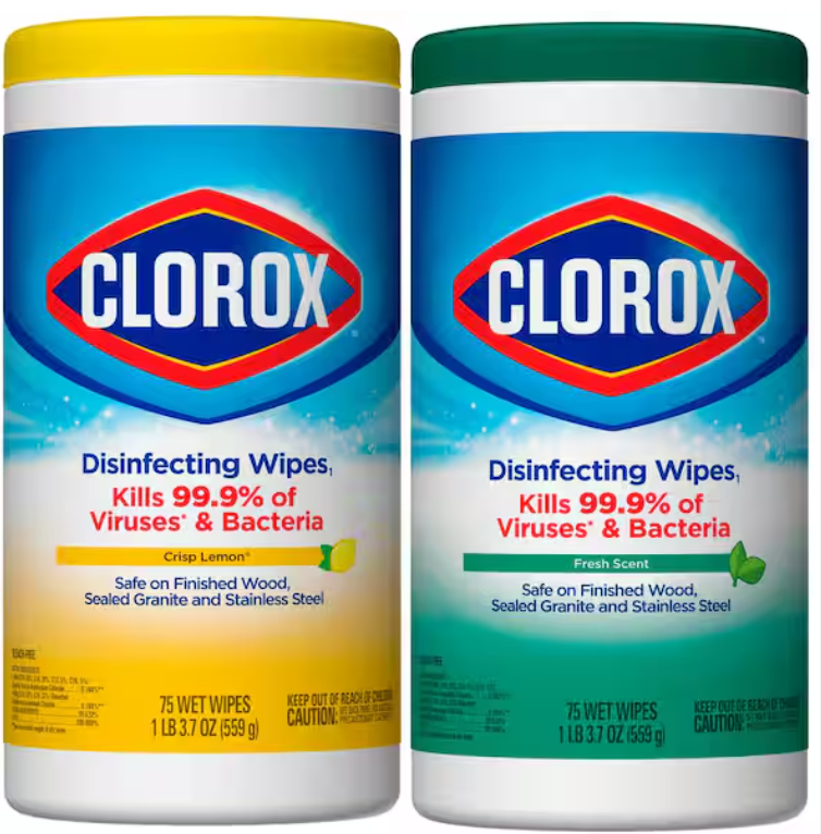 Clorox Disinfecting Wipes, (2) Crisp Lemon 75 ct, (2) Fresh Scent 75 ct, 3/cs 