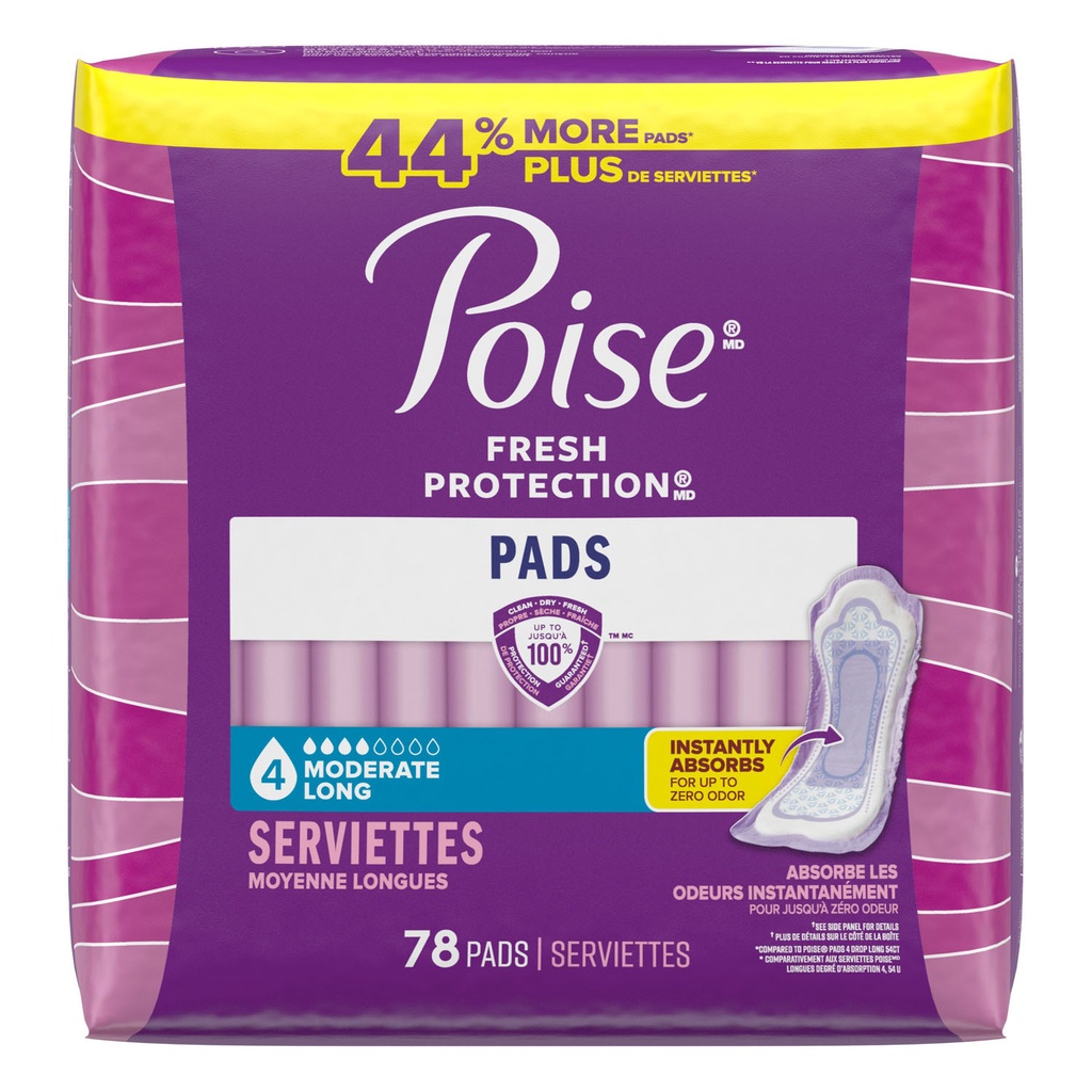 Poise Pads, Moderate, Long, 78/pk, 2 pk/cs