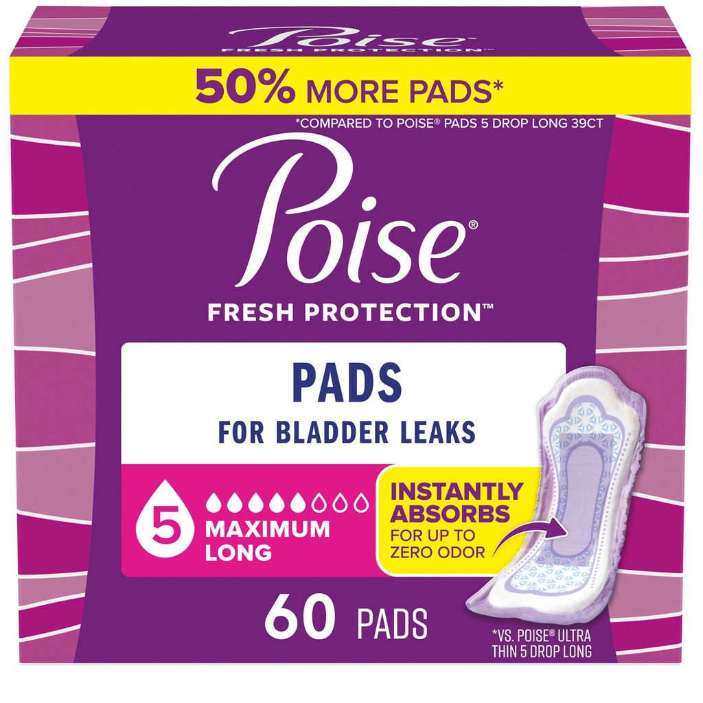 Poise Pads, Maximum, Long, 60/pk, 2pk/cs