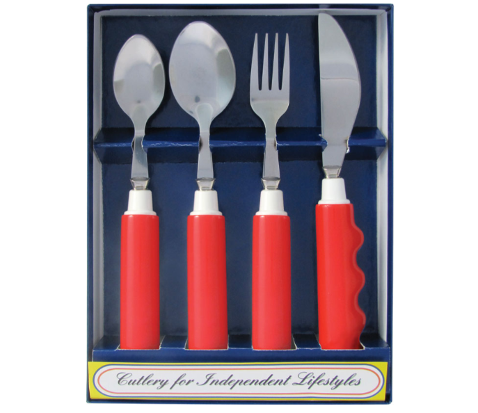 Comfort Grip Utensils Set of 4 (1) Fork; (1) Knife; (1) Soupspoon; (1) Teaspoon, Red Handle (A handling charge of $9.95 will be added to any order under $25.00) 