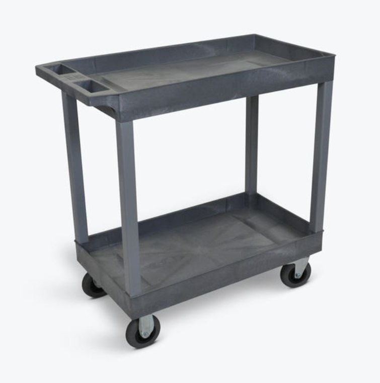 Luxor TUFFY XL 2-Shelf Multi Purpose Utility Cart, 32" x 18", Grey, Tub Shelves w/Semi-Pneumatic Casters