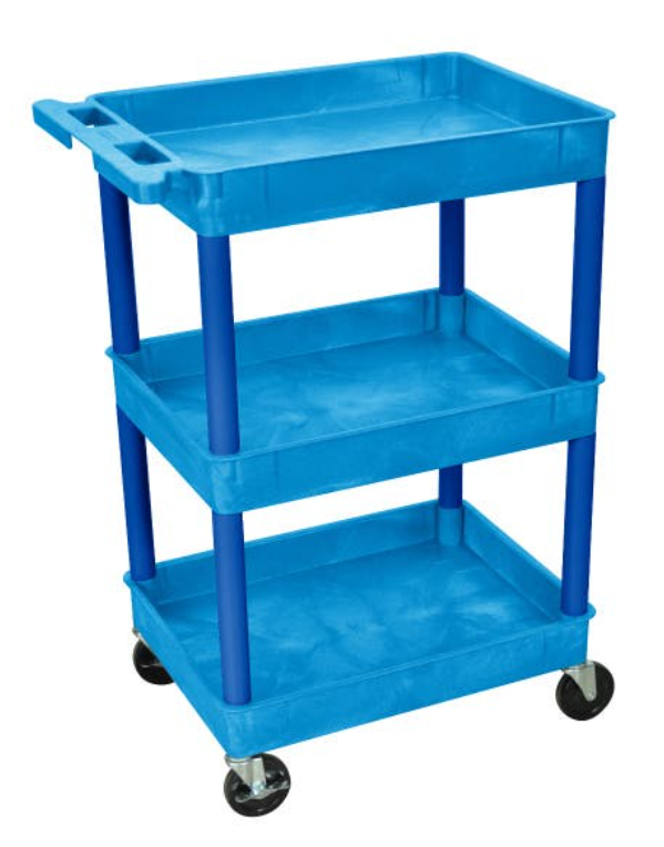 Luxor ENDURA 34" 3-Shelf Utility Cart, 24" W x 18" D, Blue, Tub Shelves