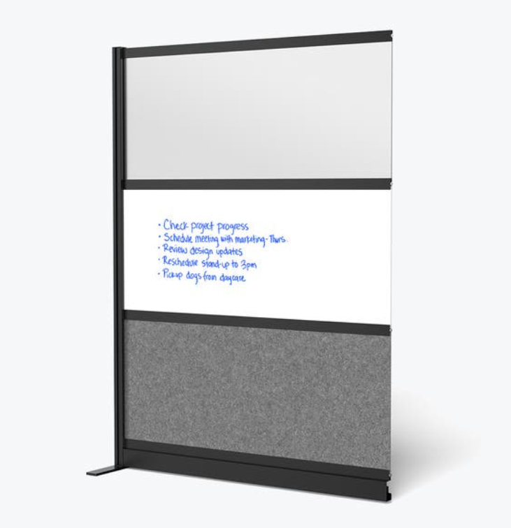 Luxor Workflow Modular Wall Room Divider System, Black Frame, 53" x 70" Wide Panel Add On Wall w/Whiteboard