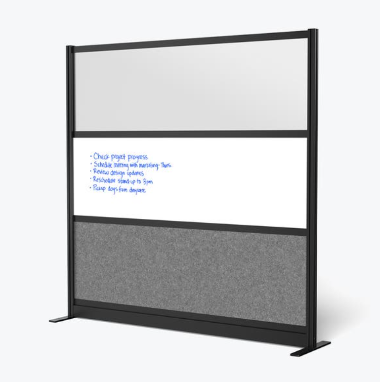 Luxor Workflow Modular Wall Room Divider System, Black Frame, 70" x 70" Wide Panel Starter Wall w/Whiteboard