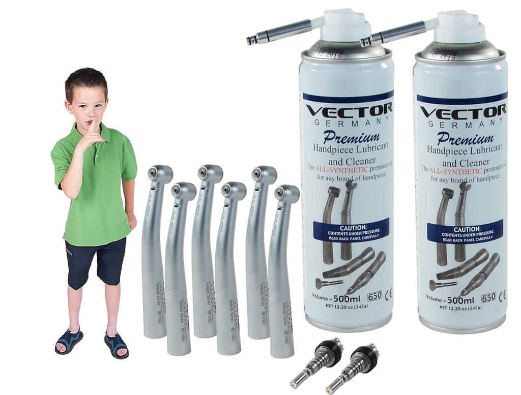 6 Pack - 4 Hole Fixed Back End: 6 Non-Optic 4 hole Highspeeds (F4 or F5) Highspeeds, 2 VL-S Vector Spray, 2 VL-AS 4 hole spray adapters