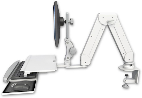 AccessMount™ Elite 5216 short Paralink double arm LCD desk clamp with a work surface tray and slide-out keyboard tray