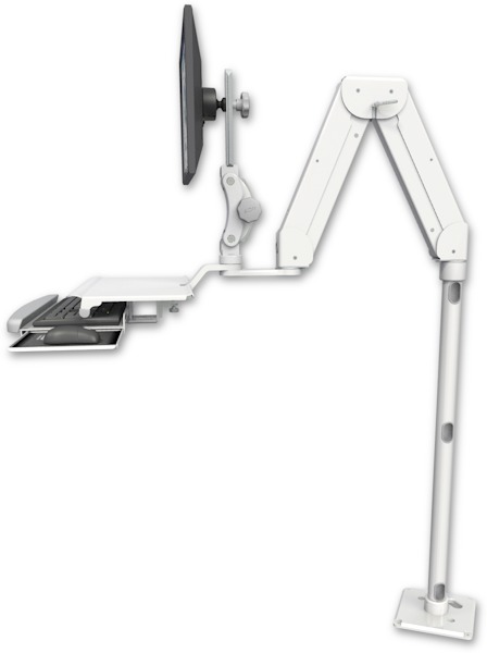 AccessMount™ Elite 5216 short Paralink double arm LCD with a 36" floor pedestal and a work surface tray and slide-out keyboard tray