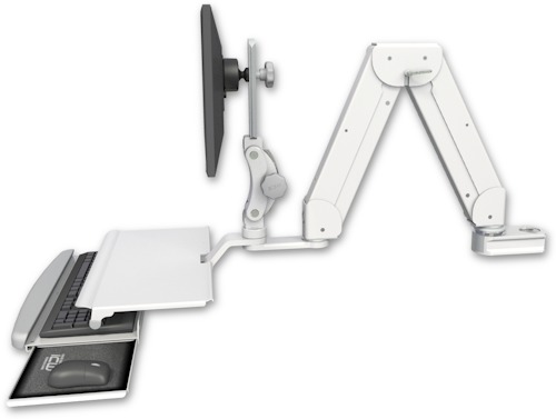 AccessMount™ Elite 5216 short Paralink double arm LCD mount for a 2" pole with a work surface tray and slide-out keyboard tray