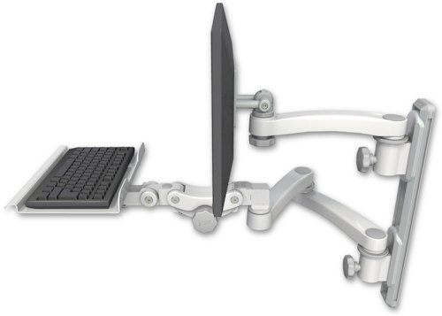 AccessMount™ ErgoVision 65 LCD mount on a 19" wall track with separate arms, a 12" paralink keyboard tray, and an 11" arm and 20" double-arm