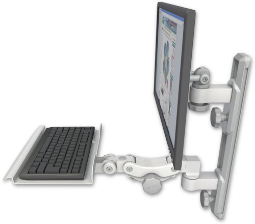AccessMount™ ErgoVision 65 LCD mount on a 19" wall track with separate arms and a 12" paralink keyboard tray