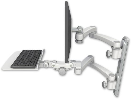 AccessMount™ ErgoVision 65 LCD mount on a 19" wall track with separate arms, a 12" flat paralink keyboard tray, and two 20" double-arms