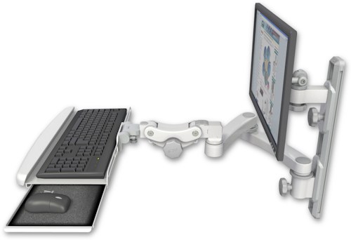 AccessMount™ ErgoVision 65 LCD mount on a 19" wall track with separate arms, a paralink keyboard tray w/ wrist rest bend, and a 20" double-arm
