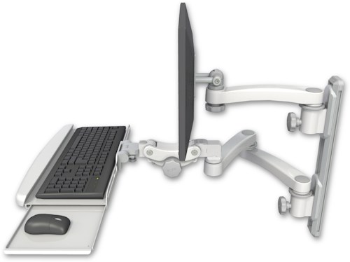 AccessMount™ ErgoVision 65 LCD mount on a 19" wall track with separate arms, a paralink keyboard tray w/ wrist rest bend, and an 11" arm and 20" double-arm