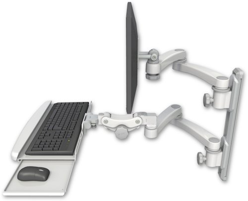 AccessMount™ ErgoVision 65 LCD mount on a 19" wall track with separate arms, a paralink keyboard tray w/ wrist rest bend, and two 20" double-arms