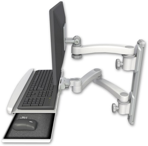 AccessMount™ ErgoVision 65 LCD mount on a 19" wall track with separate arms, a wrist-rest keyboard tray, and an 11" arm and 20" double-arm