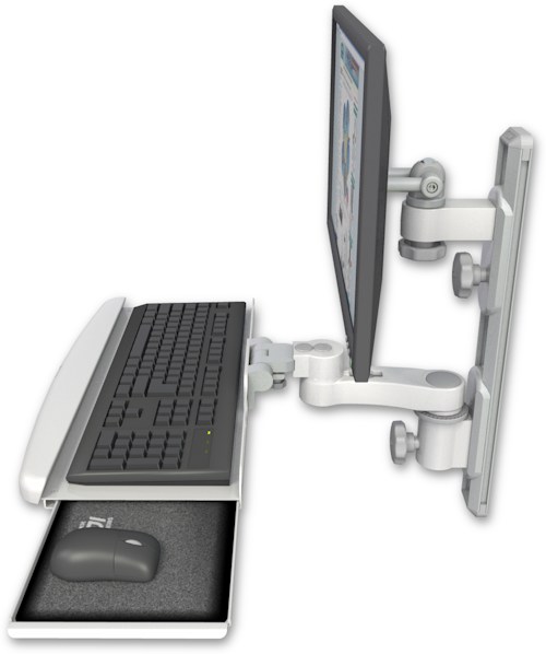 AccessMount™ ErgoVision 65 LCD mount on a 19" wall track with separate arms, a wrist-rest keyboard tray, and an 6" arm