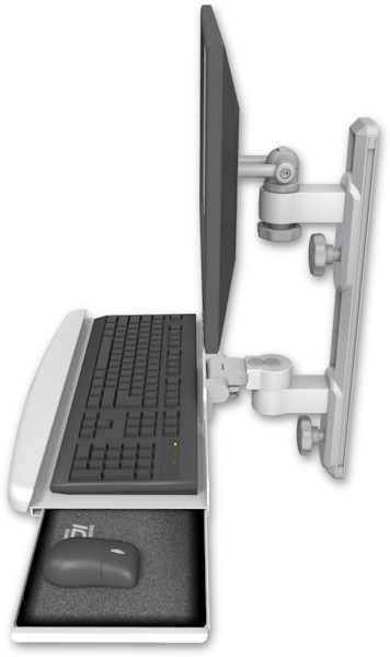 AccessMount™ ErgoVision 65 LCD mount on a 19" wall track with separate arms and a wrist-rest keyboard tray