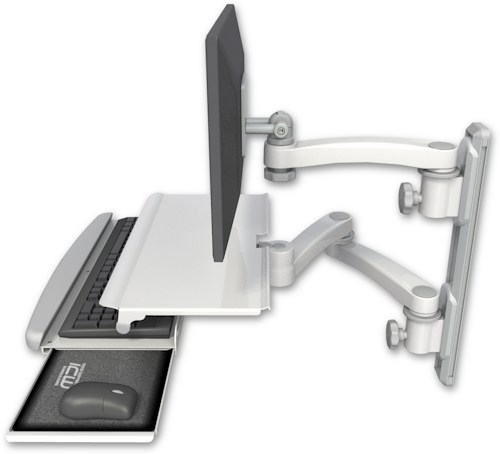 AccessMount™ ErgoVision 65 LCD mount on a 19" wall track with separate arms, a work surface tray and slide-out keyboard tray, and an 11" arm and 20" double-arm