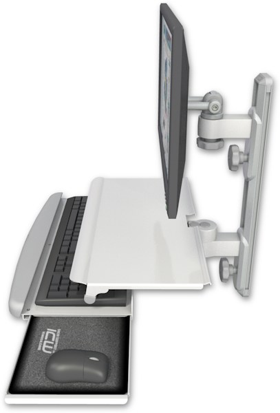 AccessMount™ ErgoVision 65 LCD mount on a 19" wall track with separate arms and a work surface tray and slide-out keyboard tray