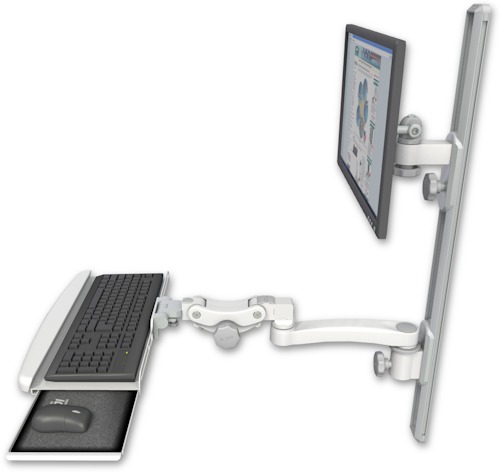 AccessMount™ ErgoVision 65 LCD mount on a 36" wall track with separate arms, a paralink keyboard tray w/ wrist rest bend, and an 11" arm