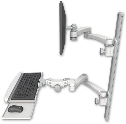AccessMount™ ErgoVision 65 LCD mount on a 36" wall track with separate arms, a paralink keyboard tray w/ wrist rest bend, and two 20" double-arms