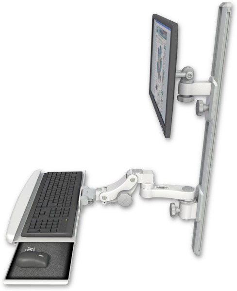 AccessMount™ ErgoVision 65 LCD mount on a 36" wall track with separate arms, a paralink keyboard tray w/ wrist rest bend, and an 6" arm