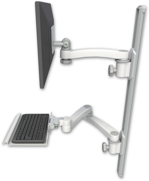 AccessMount™ ErgoVision 65 LCD mount on a 36" wall track with separate arms, a 12" keyboard tray, and an 11" arm and 20" double-arm