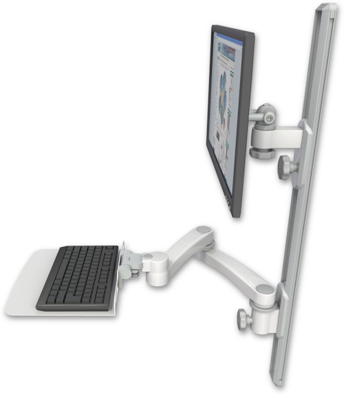 AccessMount™ ErgoVision 65 LCD mount on a 36" wall track with separate arms, a 12" flat keyboard tray, and a 20" double-arm