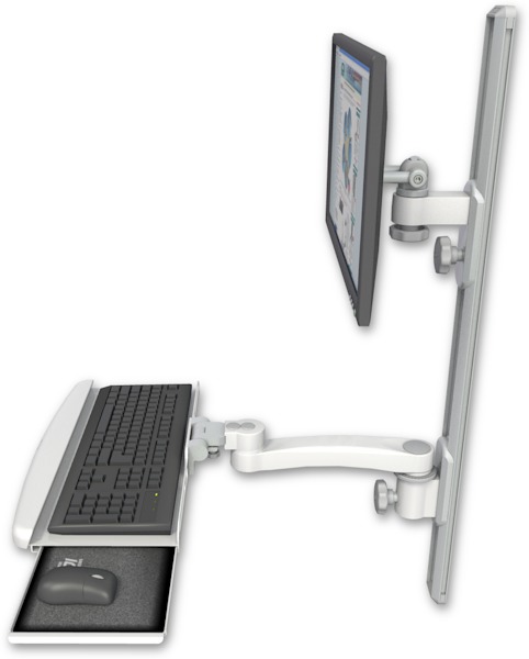 AccessMount™ ErgoVision 65 LCD mount on a 36" wall track with separate arms, a wrist-rest keyboard tray, and an 11" arm