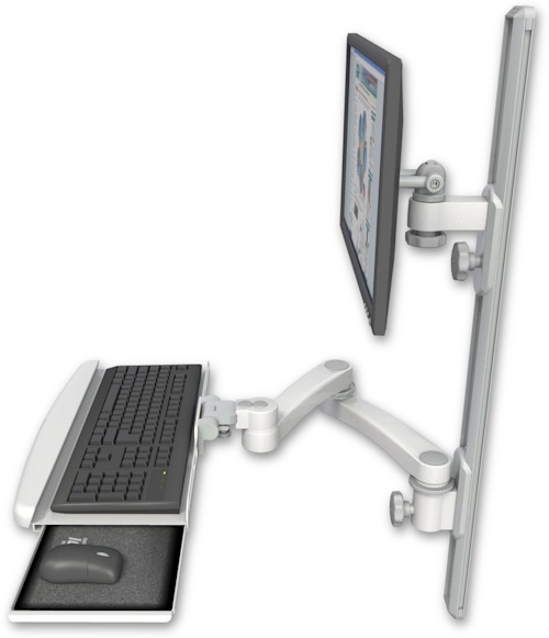 AccessMount™ ErgoVision 65 LCD mount on a 36" wall track with separate arms, a wrist-rest keyboard tray, and a 20" double-arm