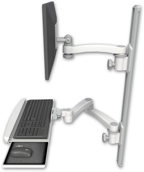 AccessMount™ ErgoVision 65 LCD mount on a 36" wall track with separate arms, a wrist-rest keyboard tray, and an 11" arm and 20" double-arm