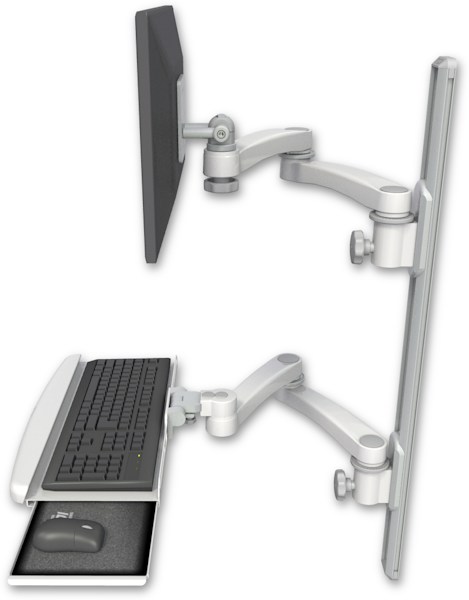 AccessMount™ ErgoVision 65 LCD mount on a 36" wall track with separate arms, a wrist-rest keyboard tray, and two 20" double-arms