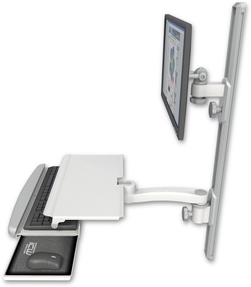 AccessMount™ ErgoVision 65 LCD mount on a 36" wall track with separate arms, a work surface tray and slide-out keyboard tray, and an 11" arm