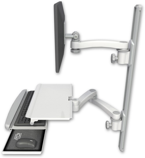 AccessMount™ ErgoVision 65 LCD mount on a 36" wall track with separate arms, a work surface tray and slide-out keyboard tray, and an 11" arm and 20" double-arm