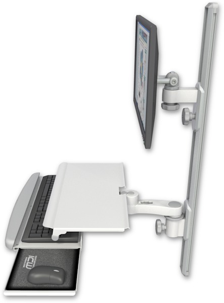 AccessMount™ ErgoVision 65 LCD mount on a 36" wall track with separate arms, a work surface tray and slide-out keyboard tray, and an 6" arm