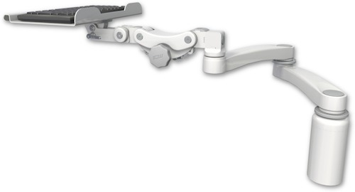 AccessMount™ 12" paralink keyboard tray desk mount, a 5" riser, and a 20" double-arm