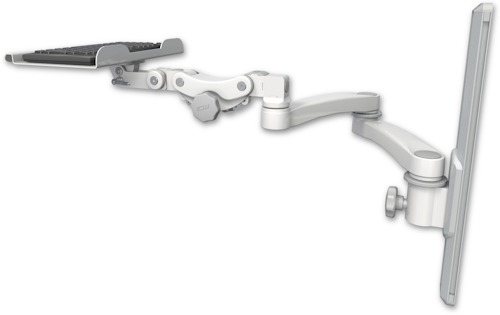 AccessMount™ 12" paralink keyboard tray mount on a 19" wall track slider and a 20" double-arm