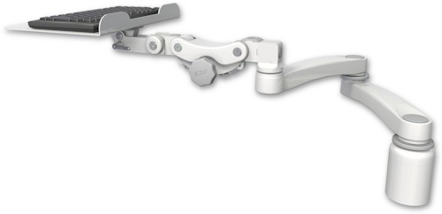 AccessMount™ 12" flat paralink keyboard tray desk mount, a 3" riser, and a 20" double-arm