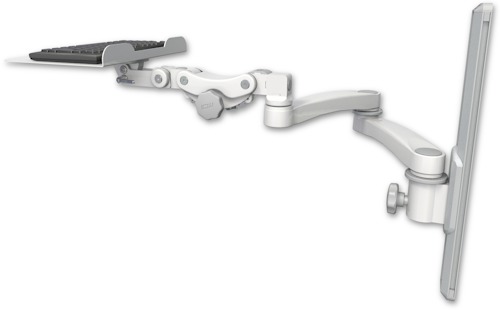AccessMount™ 12" flat paralink keyboard tray mount on a 19" wall track slider and a 20" double-arm