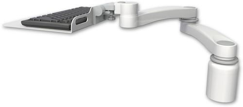 AccessMount™ 12" flat keyboard tray desk mount, a 3" riser, and a 20" double-arm