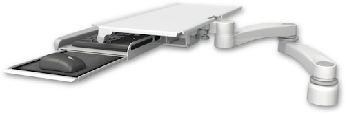 AccessMount™ Work surface tray and slide-out keyboard tray desk mount, a 1" riser, and a 20" double-arm