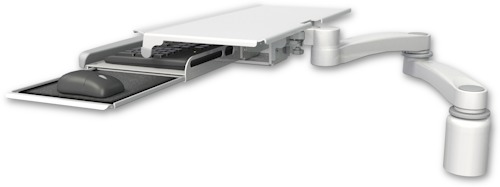 AccessMount™ Work surface tray and slide-out keyboard tray desk mount, a 3" riser, and a 20" double-arm