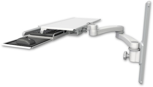 AccessMount™ Work surface tray and slide-out keyboard tray mount on a 19" wall track slider and a 20" double-arm